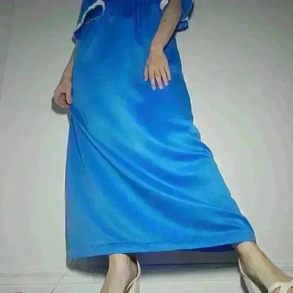 Vintage 70s bright blue babydoll maxi dress with big sleeves & lace ✦ Handmade ✦ - Picture 11 of 16